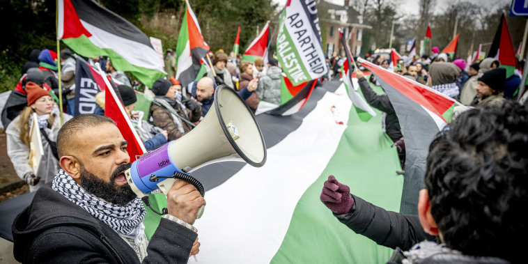 Protesters hold a Palestinian flag.
