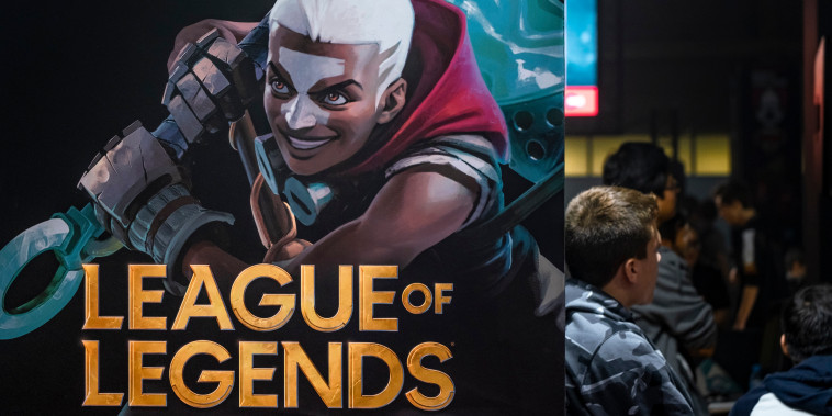 League of Legends video game logo at the NiceOne Barcelona Gaming & Digital Experiences Festival in Barcelona, on Nov. 29, 2019. 