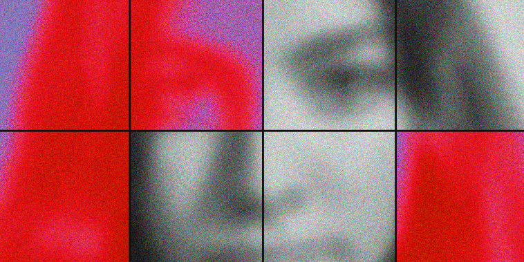 Image of the face of a blurry woman inside of a grid; some panels of the grid are distorted and colorized.