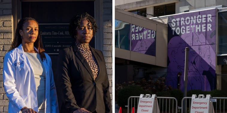 Primary Care Physician Dr. Michelle Cooke, left, and Infectious Disease and Internal Medicine Physician, Dr. Zandraetta Tims-Cook; the exterior of the permanently closed Wellstar Health System Atlanta Medical Center in Atlanta.