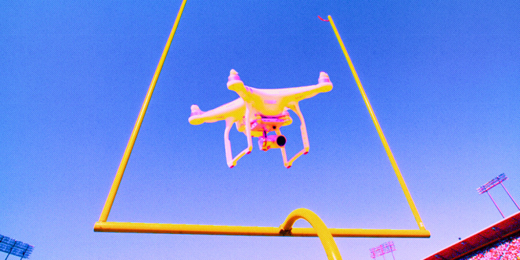 Photo Illustration: A commercial drone flying through a football goal post