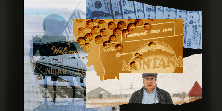 Photo illustration of fentanyl pills, a stack of $100 bills used in drug cartel related crimes in Montana, a wall mural of a Native American riding a horse, a welcome sign to the Blackfeet reservation land, and Marvin Weatherwax Jr., a Blackfeet tribal leader and member of the Montana House of Representatives. 