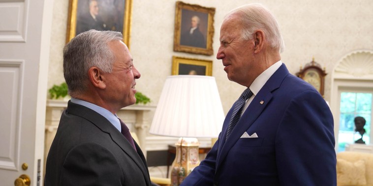 King of Jordan Abdullah II meets United States President Joe Biden at the White House on May 13, 2022.