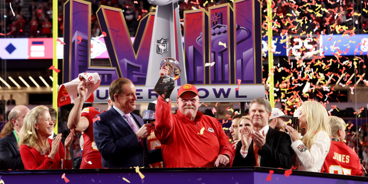 Head coach Andy Reid of the Kansas City Chiefs holds the Lombardi Trophy after defeating the San Francisco 49ers 25-22 in overtime during Super Bowl LVIII at Allegiant Stadium on Feb.11, 2024 in Las Vegas.