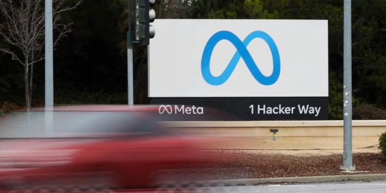 Meta (Facebook) sign is seen at its headquarters in Menlo Park, Calif. on Dec. 29, 2022.
