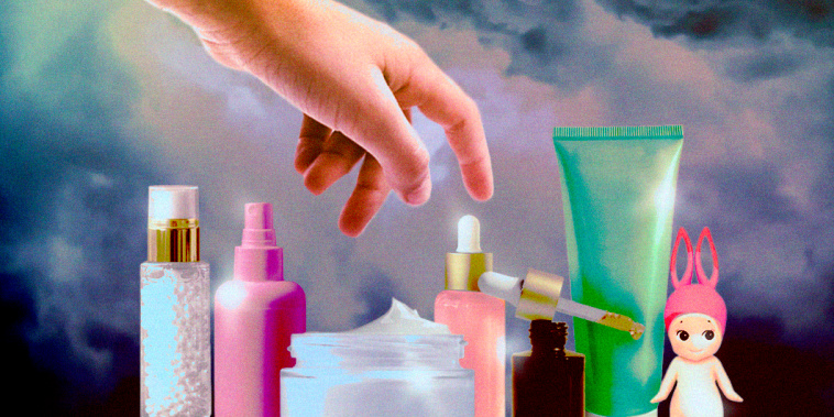 Photo Illustration: A teen reaches for complicated skincare against the background of a stormy sky