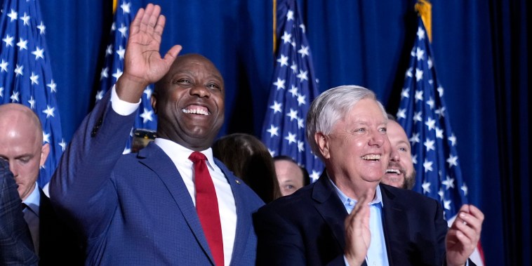 Tim Scott and Lindsey Graham at a primary election night party in Columbia, S.C.