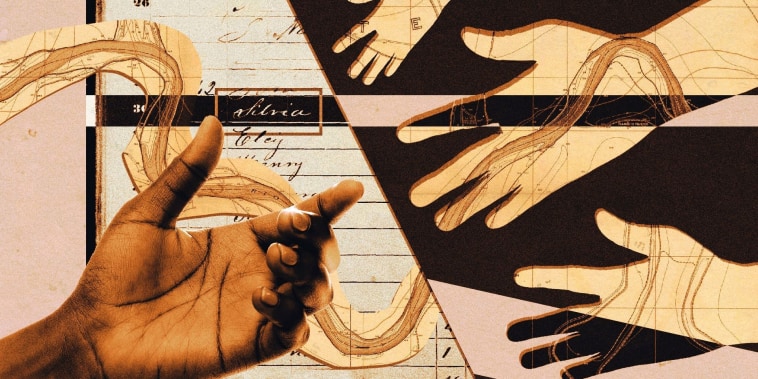 Ilustración de una persona negra dándole la mano a otros, delante de un papel con nombres de personas que se libraron de la esclavitud incluido el de "Silvia Hector Webber"