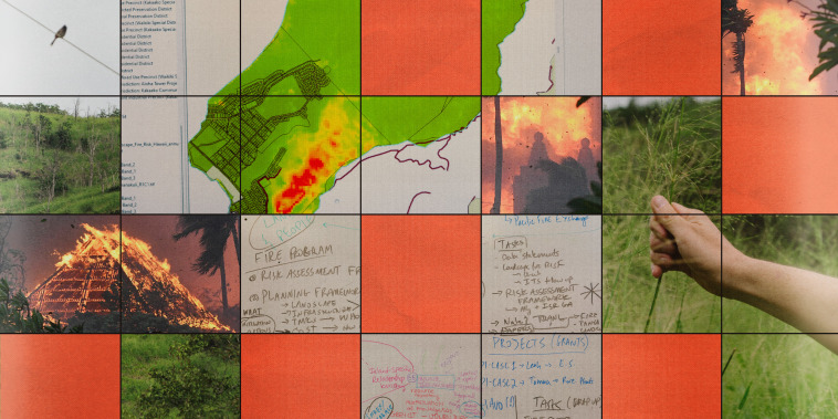Photo illustration of a grid showing a fire mapping computer program, the Lahaina wildfire burning in 2023, and a white board with notes.