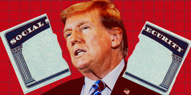 Photo Illustration: Donald Trump in between a ripped Social Security card