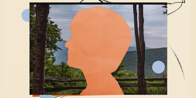 Photo illustration of a cut-out silhouette of a young boy on a photo of the Blue Ridge mountains area in North Carolina.