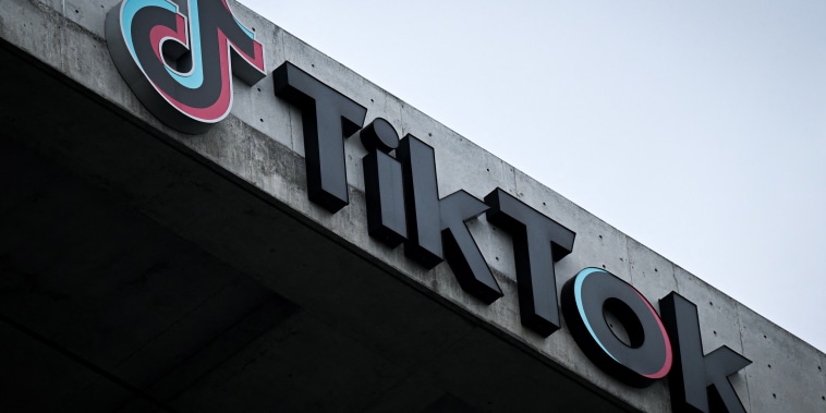 The TikTok logo is displayed outside company offices 