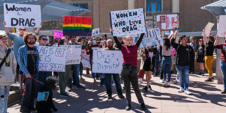 Students at West Texas A&M University hold a protest on campus in response to the university's president canceling an on-campus drag show in Canyon, Texas, on March 21, 2023.