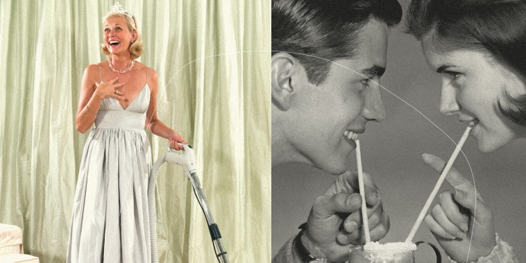Side-by-side images of woman in tiara vacuuming and a young couple sharing a milkshake 