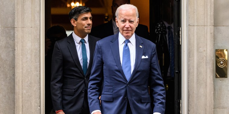 Britain's Prime Minister Rishi Sunak bids farewell to President Joe Biden