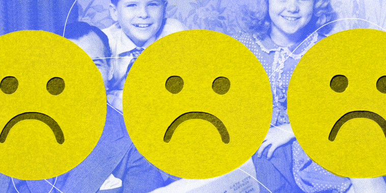 Photo illustration of "sad face" stickers covering archival photo of typical American family