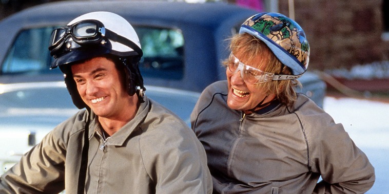 Jim Carrey and Jeff Daniels riding bike in a scene from the 1994 film "Dumb & Dumber."