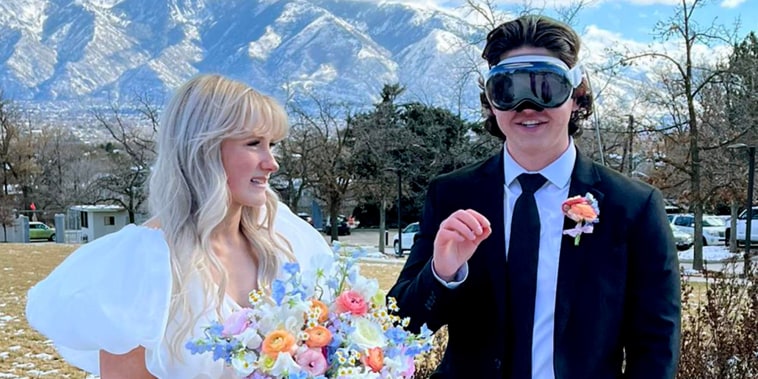 A groom wore a VR headset in his wedding photos