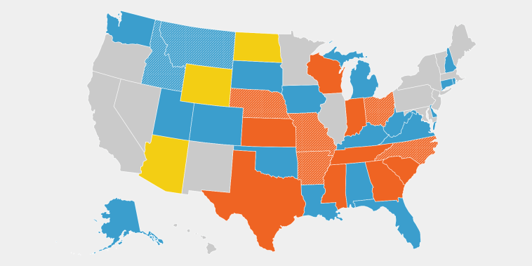 A U.S. map showing in which states voters will be asked to present an ID, and whether the state’'s law was enacted after the 2020 election. The majority of states that ask to see an ID when voting in person allow for alternatives if a voter does not have an ID.