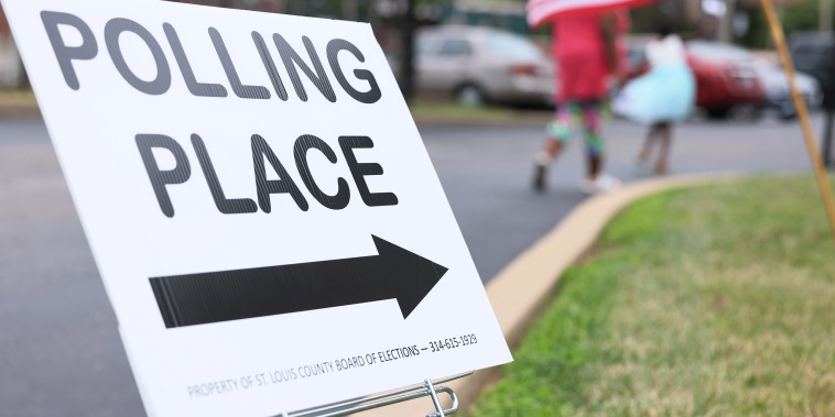 A "Polling Place" sign during Primary Election Day at Barack Obama Elementary School on Aug. 2, 2022 in St Louis, Mo. 