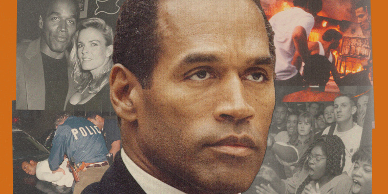 Photo illustration of O.J. Simpson on trial for the murder of his ex-wife, Nicole Brown; the LAPD arresting a Black man for allegedly selling narcotics in 1988; Black and white audience members react to the trial verdict; a building burns during the Rodney King riots in Los Angeles.