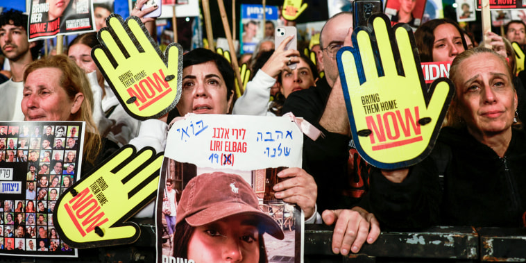 Relatives and supporters of Israeli hostages held in Gaza protest in front of the Israeli parliament
