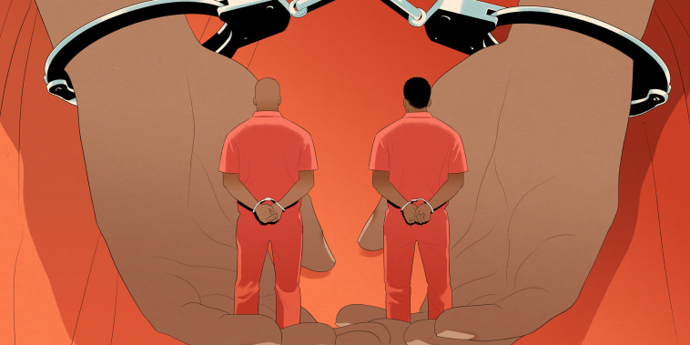 Drawn illustration of a man in handcuffs holding two other men in prison jumpsuits and handcuffs.