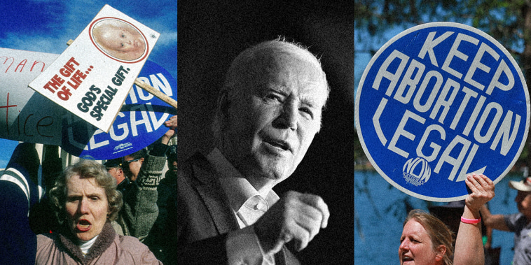 A triptych showing Biden between an anti-abortion protester in 1989 and a pro-choice protester in 2024