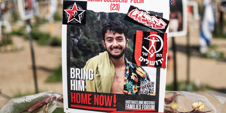A poster depicting Israeli-American hostage Hersh Goldberg-Polin is displayed