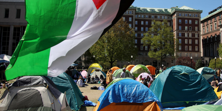 Pro-Palestinian students and activsts gather at a protest encampment on the campus of Columbia University in New York City on April 25, 2024.