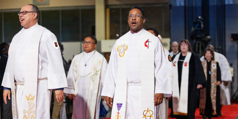 A procession of United Methodist bishops leads opening worship at the 2024 United Methodist Church General Conference in Charlotte, N.C., on April 25.