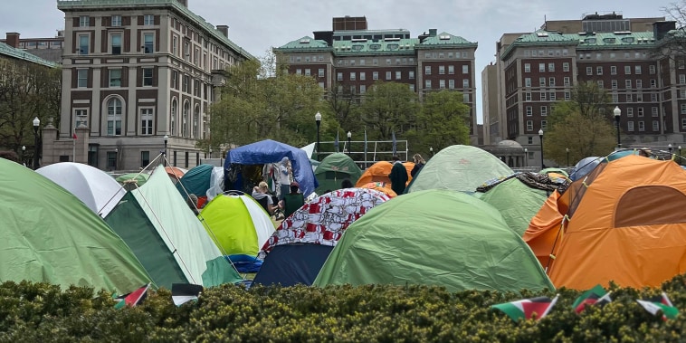 Pro-Palestinian protesters camp out in tents at Columbia University in New York on Saturday, April 27, 2024.