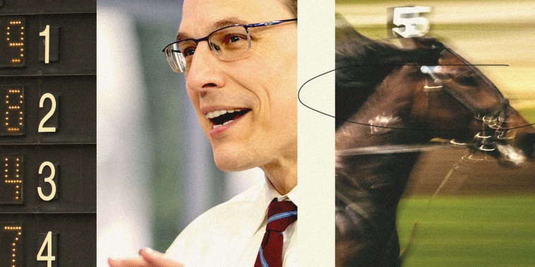 Photo collage of a horse race scoreboard, Steve Kornacki, and a horse running 