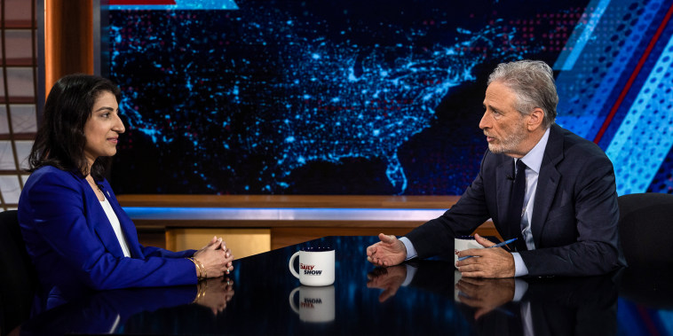 Jon Stewart in conversation with Federal Trade Commission Chairperson Lina Khan on "The Daily Show" on April 1, 2024.