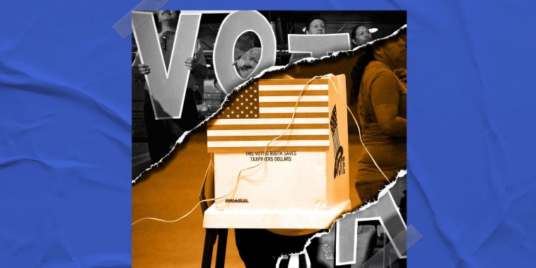 Fotografía ilustrada de personas sosteniendo un letrero que dice "Vota" y alguien acercándose a una casilla para emitir su boleta en una elección previa en Estados Unidos