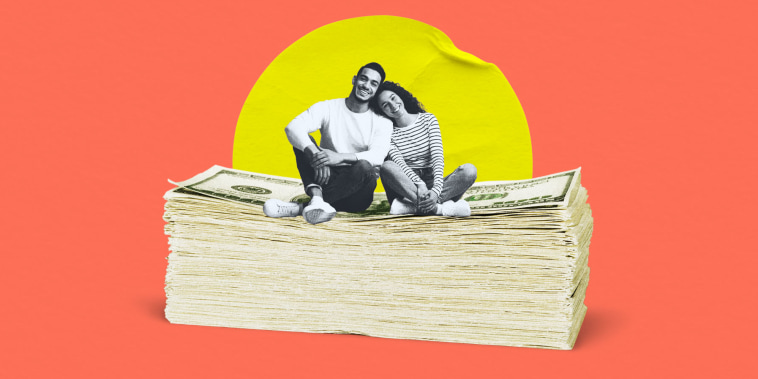 collage of happy couple sitting on a stack of money