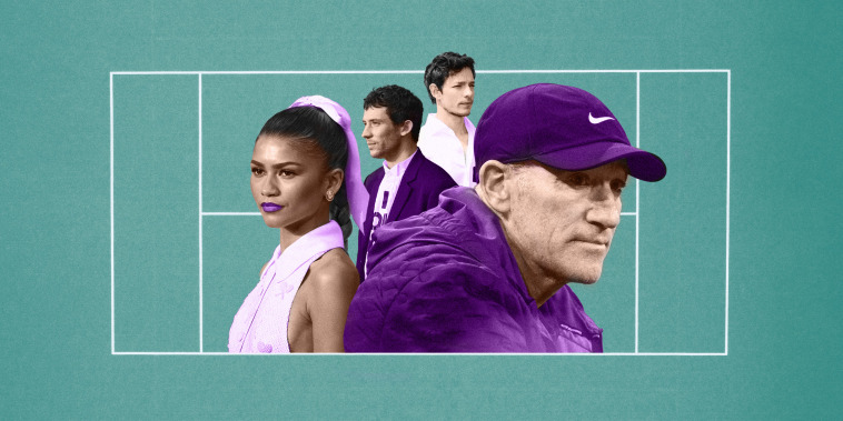 collage of Tennis coach Brad Gilbert with Zendaya, Mike Feist, and Josh O Connor on a tennis court
