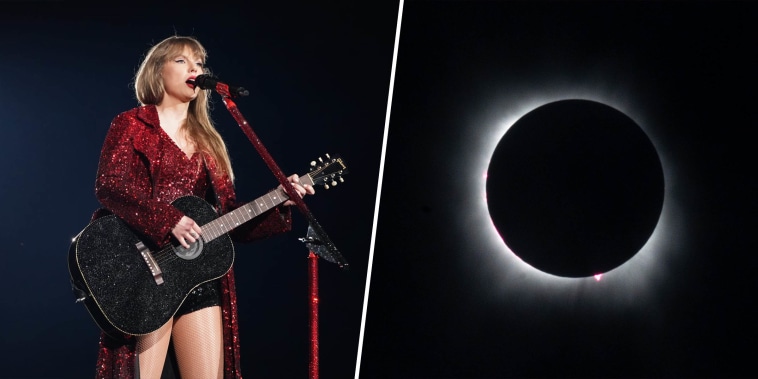 On the left, Taylor Swift sings and plays a black bedazzled guitar. On the right, a photo of the 2024 solar eclipse.