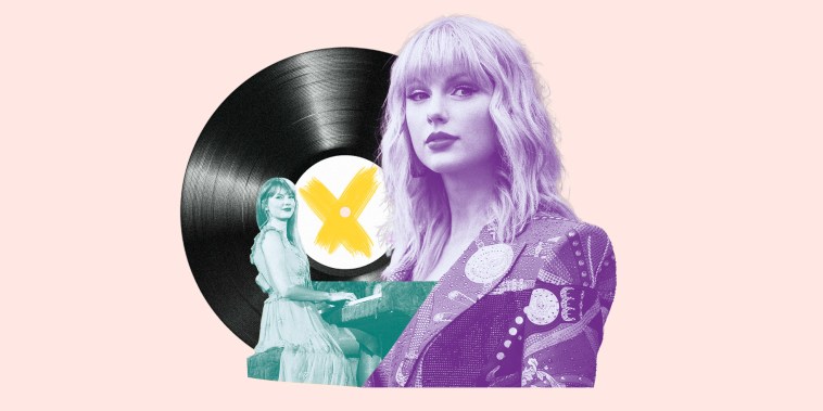 Collage of taylor swift playing music with a vinyl record behind her and portrait of the artist on the side