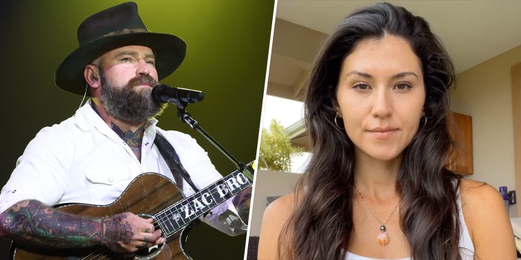 image of zac brown playing guitar split with an image of kelly yazdi making an IG statement 