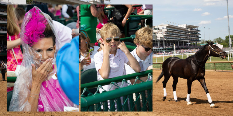 Scenes of women in hats and dresses and kids in sunglasses and a horse at Churchill Downs before the Kentucky Derby