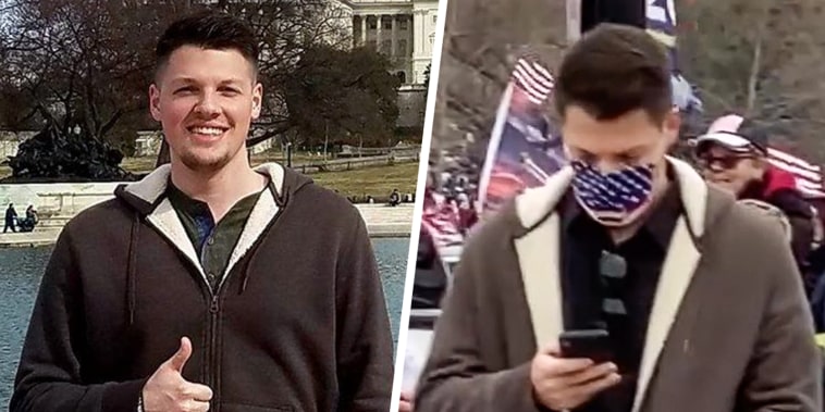 A split photo of Zach Henry at the Capitol in 2017 and him at the Capitol on January 6, 2021.