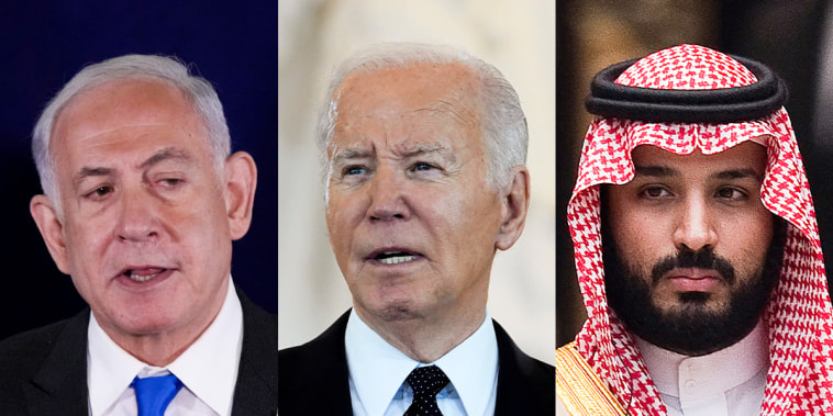 a split image of Benjamin Netanyahu, Joe Biden and Mohammed bin Salman.