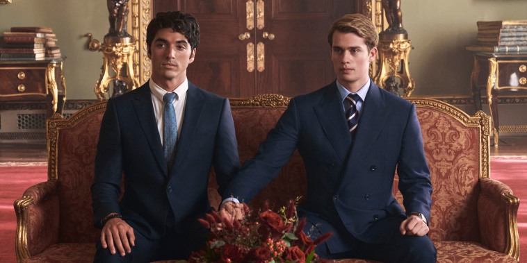 Taylor Zakhar Perez, left, as Alex Claremont-Diaz and Nicholas Galitzine as Prince Henry in Red White and Royal Blue