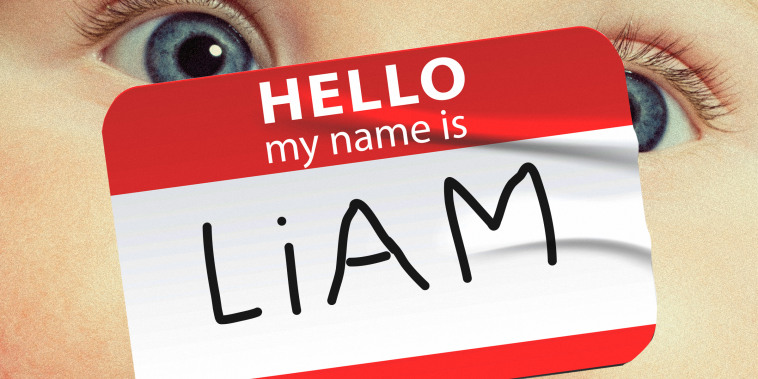 Photo illustration of a close-up of a baby's face; overlaid with a "Hello my name is Liam" sticker