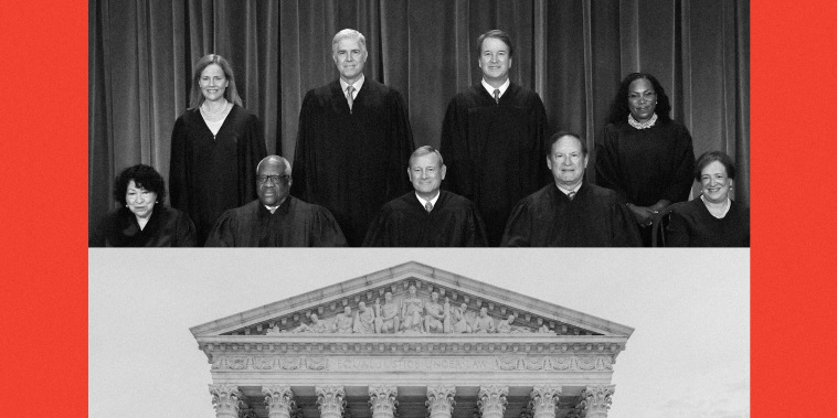 Photo collage of Supreme Court justices and exterior of SCOTUS 