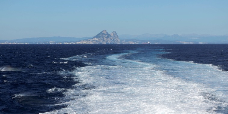 The Rock of Gibraltar is seen from a ferry in the Strait of Gibraltar