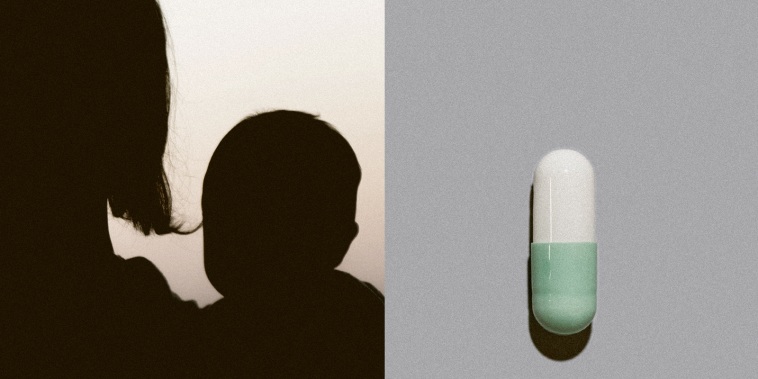 Photo collage of woman with a baby and a pill capsule 