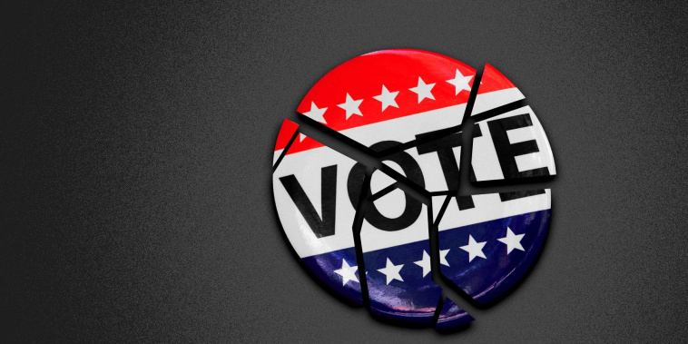 Ilustración de un botón de "voté" como los dados en Estados Unidos que está partido en pedazos