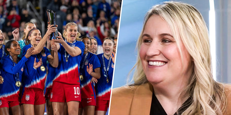 Image of womans soccer team celebrating and raising the SheBelieves Cup trophy after winning the SheBelieves Cup match, split with an image of Emma Hayes talking on the TODAY show.